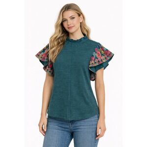 THML Womens Teal Embroidered Flutter Sleeve Ruffle Neck Knit Top Medium